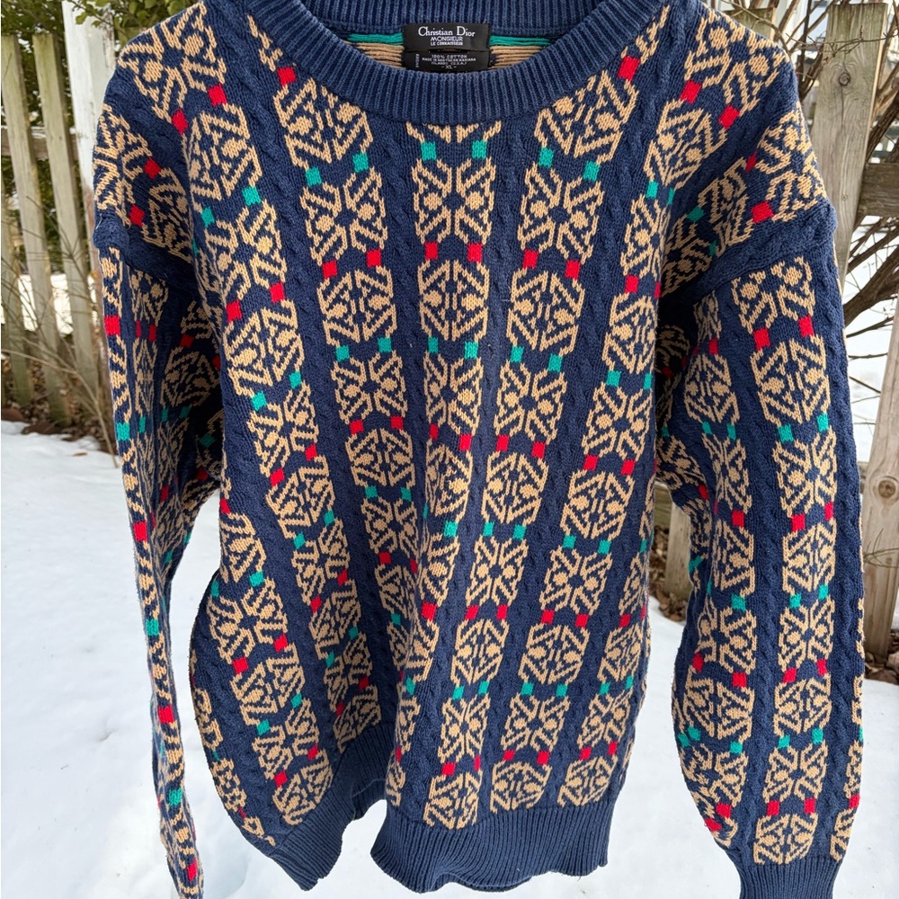 Vintage Dior Blue and Tan Geometric Crewneck Sweater